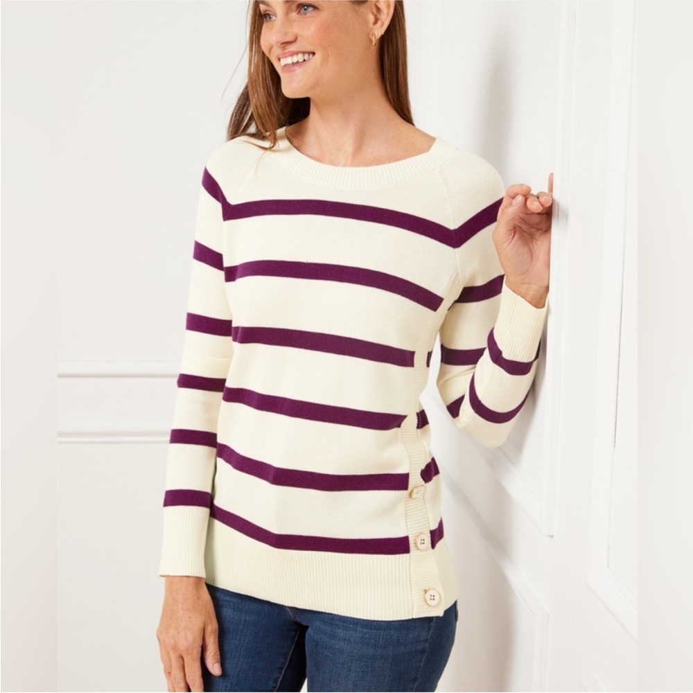 NWOT Talbots Cream and Burgundy Striped Crew Neck Sweater. Size Small
